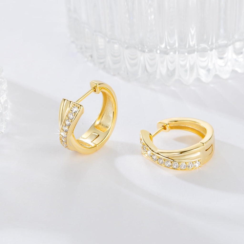 Gold Hoop Earrings 14K Gold Earrings for Women Thick Small Diamond 14K Gold Hoop Earrings for Women X-shaped Huggie Earrings 17mm
