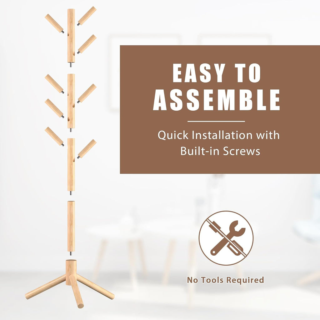 Haddockway Wooden Coat Rack Stand with 8 Hooks New Zealand Pine 3 Adjustable Coat Standing Tree Easy Assembly for Coats, Hats, Scarves and Handbags for Entryway, Hallway, Bedroom, Office