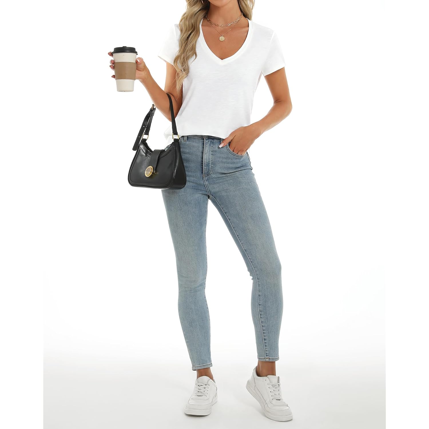 Womens Modal Soft T Shirts Short Sleeve V Neck Basic Tee Casual Loose Fit Tops Lightweight Soft Summer Outfits Clothes