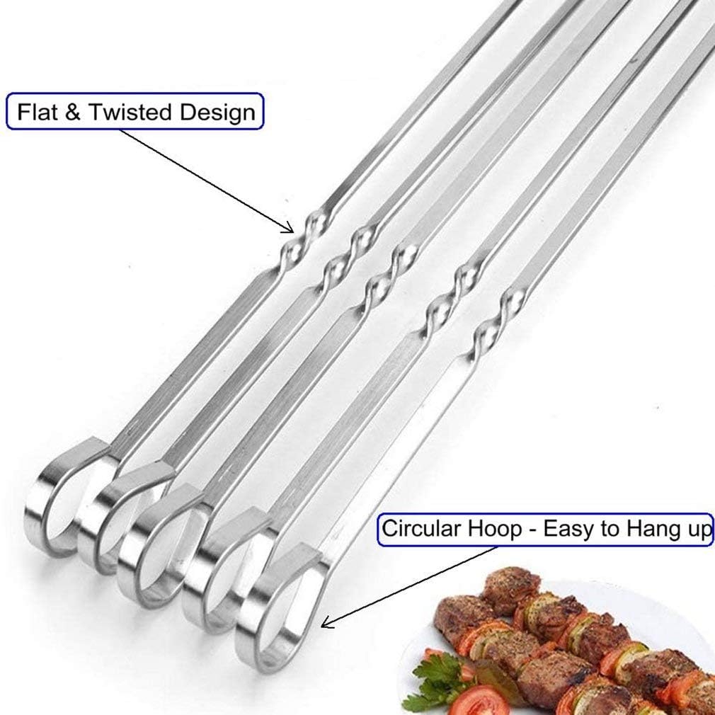12Pcs Kabob Skewers Flat Metal Bbq Barbecue Skewer 14" Long Stainless Steel Shish Kebob Sticks Wide Reusable Grilling Skewers Set For Meat Shrimp Chicken Vegetable, 12 Pack