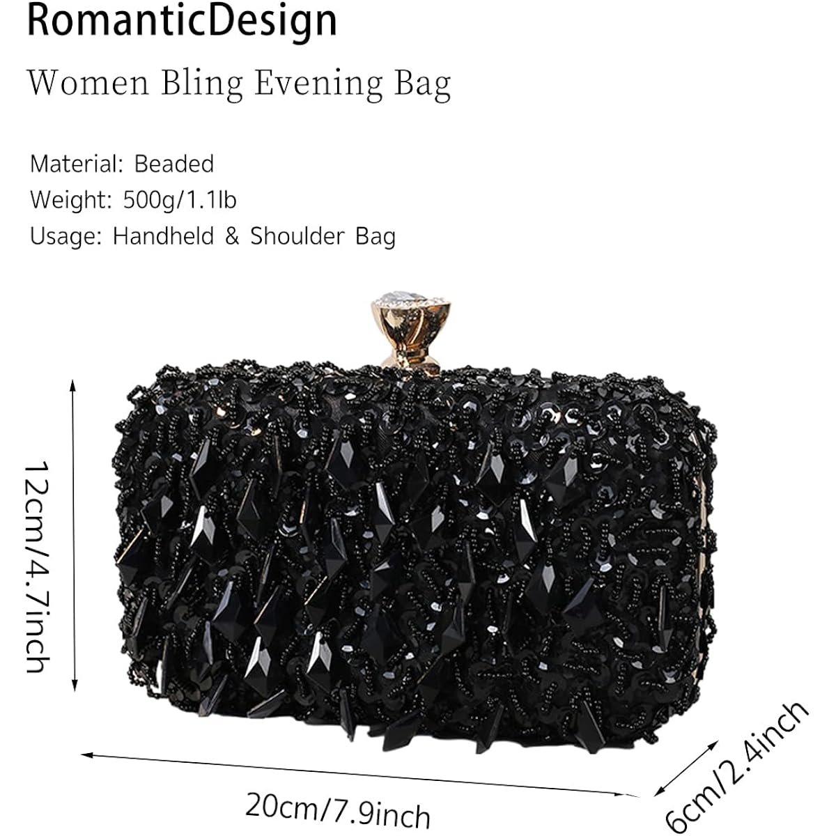 Romanticdesign Women Bling Evening Bag Fashion Embroidered Beaded Sequin Clutch Cocktail Wedding Party Purse