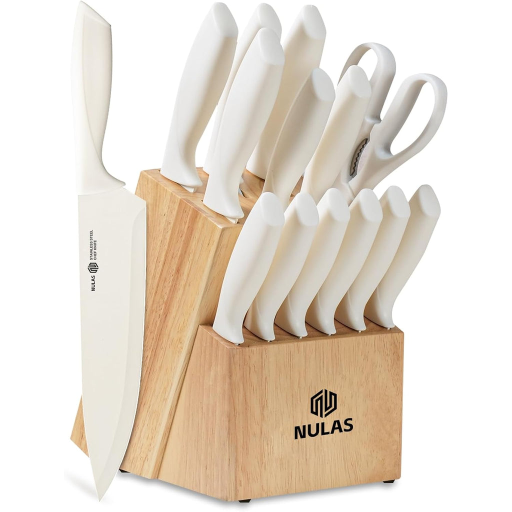 15-Piece Kitchen Knife Set With Block And Built-In Sharpener, Cream | High-Carbon Stainless Steel Blades, Nonstick Coating, Ergonomic Handles And Dishwasher-Safe Care