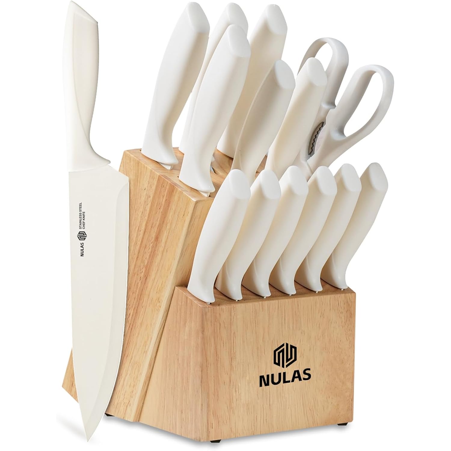 15-Piece Kitchen Knife Set With Block And Built-In Sharpener, Cream | High-Carbon Stainless Steel Blades, Nonstick Coating, Ergonomic Handles And Dishwasher-Safe Care