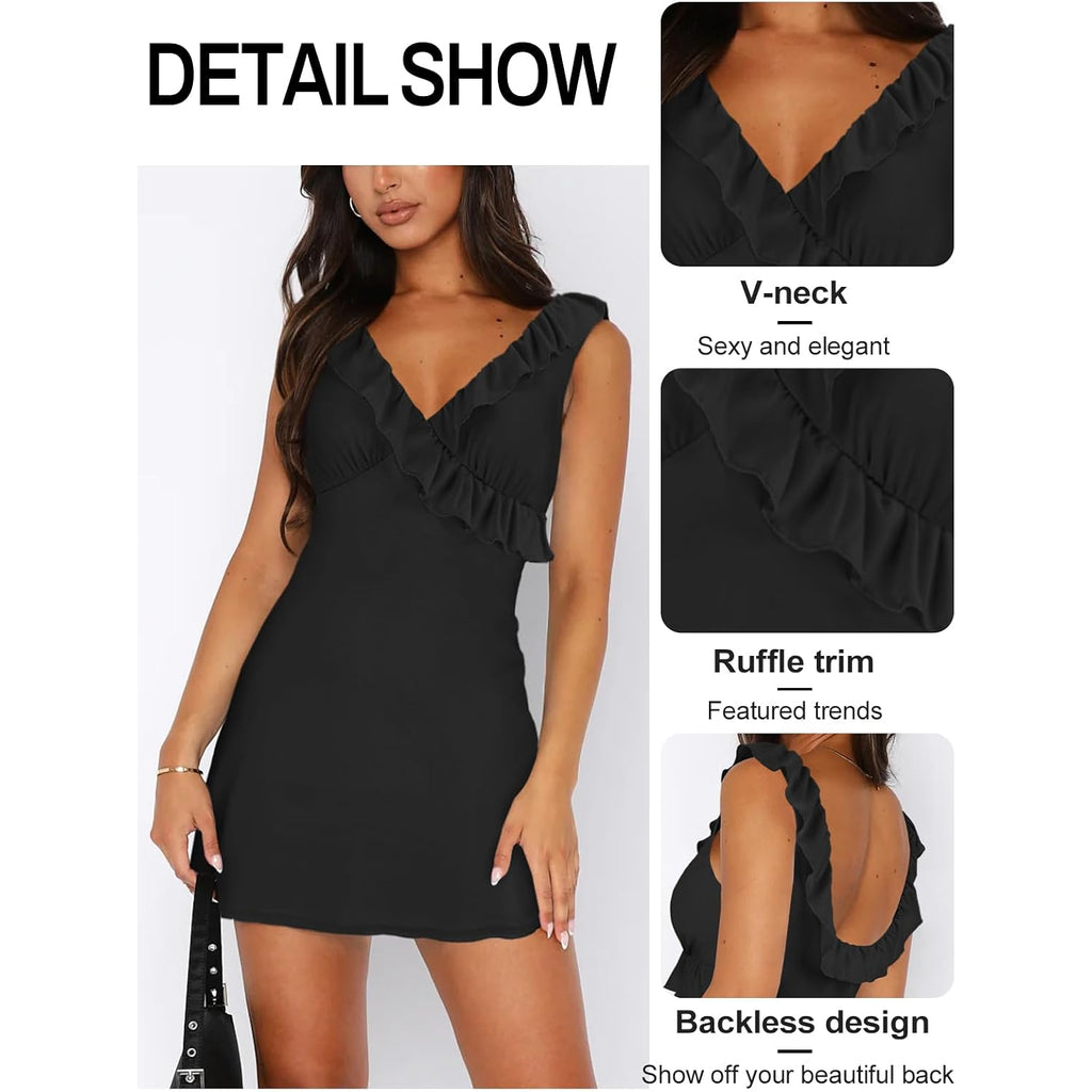 Miyieonz Women'S Sexy V Neck Sleeveless Backless Ruffles Dress For Women Elegant Mesh Party Fitted Cocktail Mini Dresses