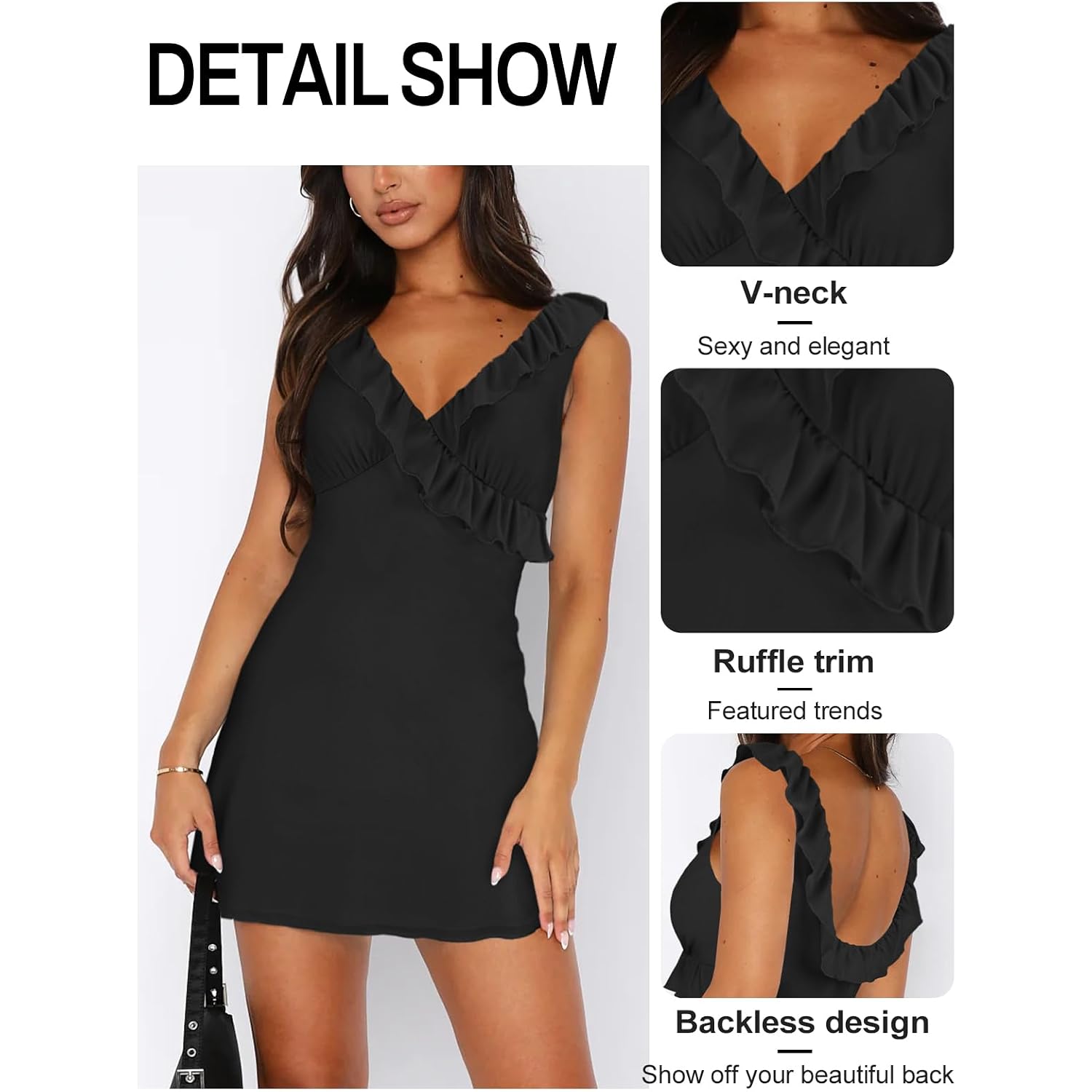 Miyieonz Women'S Sexy V Neck Sleeveless Backless Ruffles Dress For Women Elegant Mesh Party Fitted Cocktail Mini Dresses