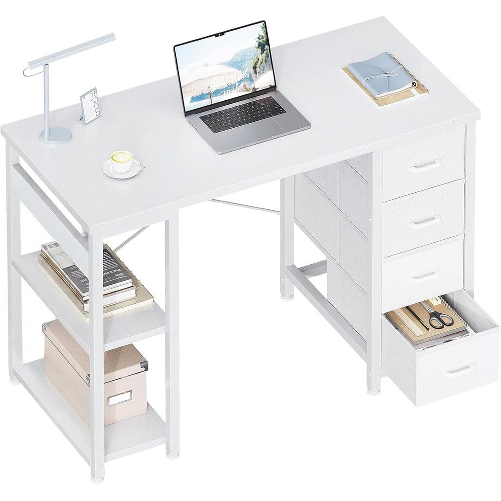 Odk 40 Inch Small White Computer Desk With 4 Fabric Drawers, Modern Office Desk For Home Office Gaming With Storage Shelves Study, White