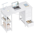Odk 40 Inch Small White Computer Desk With 4 Fabric Drawers, Modern Office Desk For Home Office Gaming With Storage Shelves Study, White