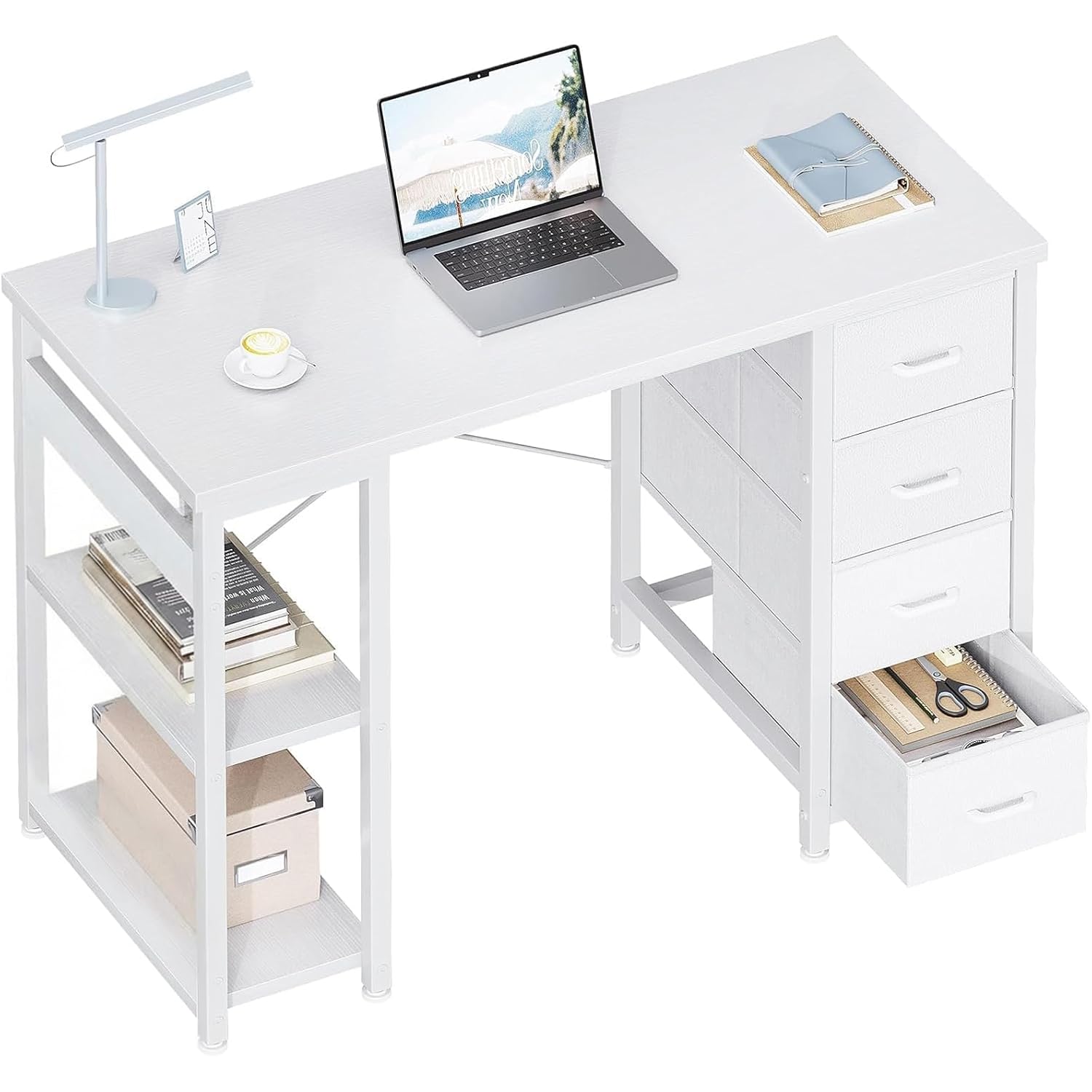 Odk 40 Inch Small White Computer Desk With 4 Fabric Drawers, Modern Office Desk For Home Office Gaming With Storage Shelves Study, White