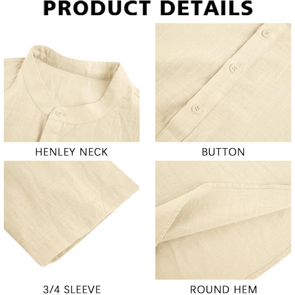 Ryannology Mens Linen Shirts Casual Cotton 3/4 Sleeve Regular-Fit Henley T-Shirt Summer Lightweight Beach Yoga Tops