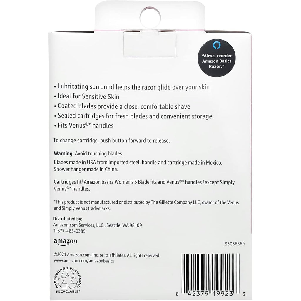 Amazon Basics Women's 5-Blade Razor for Smooth, Close Shave, FITS Amazon Basics Handle and Venus Handles, Ideal for Sensitive Skin, Includes 1 Handle, 12 Cartridges & 1 Shower Holder
