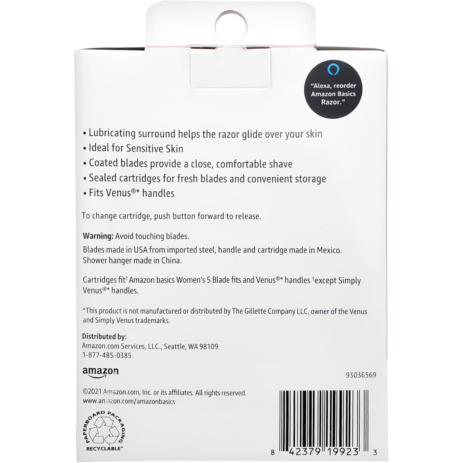 Amazon Basics Women's 5-Blade Razor for Smooth, Close Shave, FITS Amazon Basics Handle and Venus Handles, Ideal for Sensitive Skin, Includes 1 Handle, 12 Cartridges & 1 Shower Holder