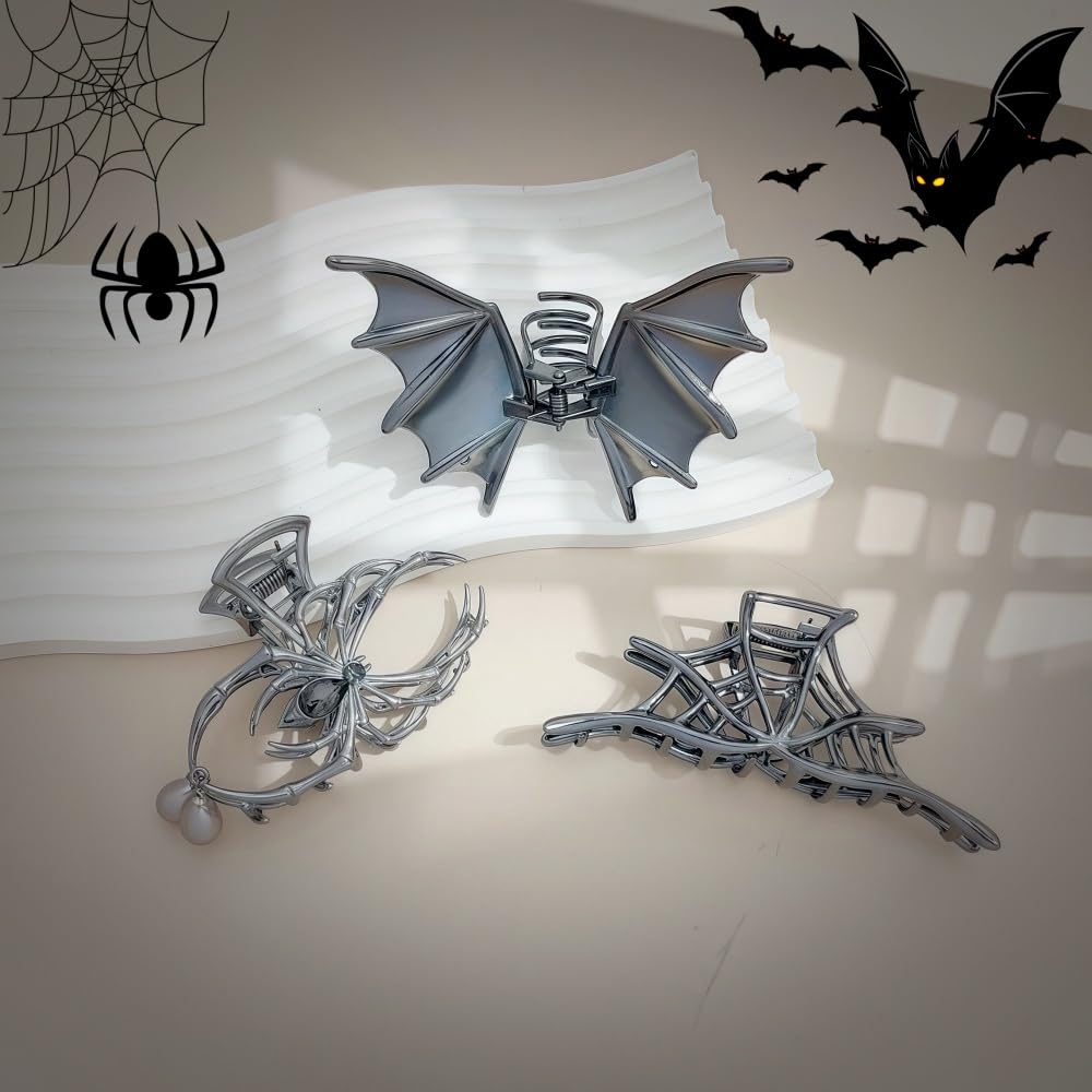 Halloween 3PCS Spider Net Bat Hair Claw Clips Hair Styling Accessories for Women Girls, Gothic Black Metal with Pearl Spooky Large Medium Size Catch Clips for thick Hair Holiday Gifts(Black Gun)
