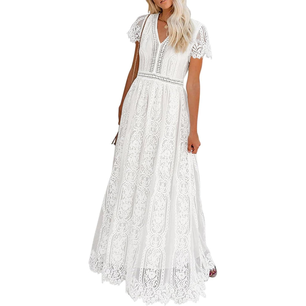 Merokeety Women'S 2026 V Neck Short Sleeve Floral Lace Wedding Dress A Line Boho Bridesmaid Cocktail Party Maxi Dress