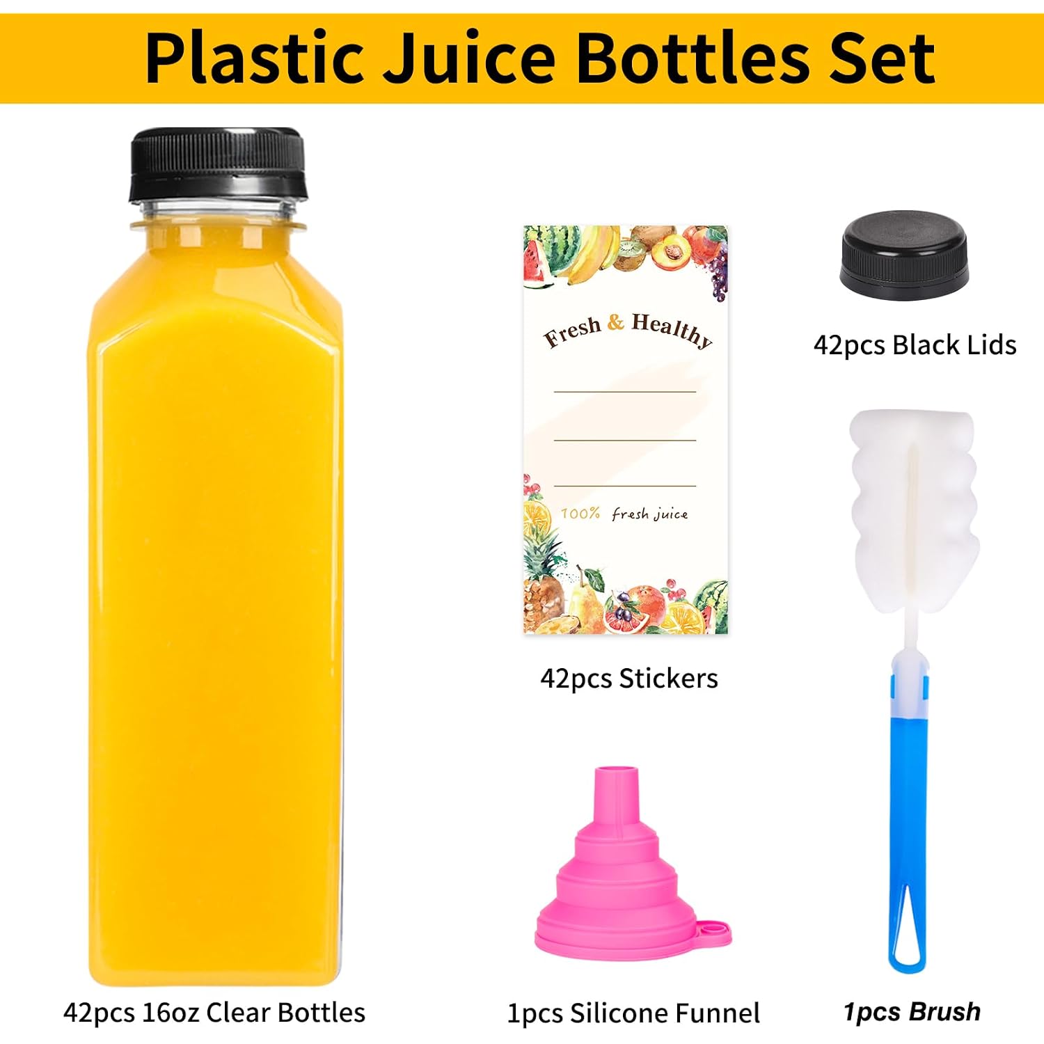 Moretoes 42Pcs 16Oz Plastic Juice Bottles With Caps, Reusable Juicing Bottles With Lids, Clear Containers For Smoothies And Other Beverages