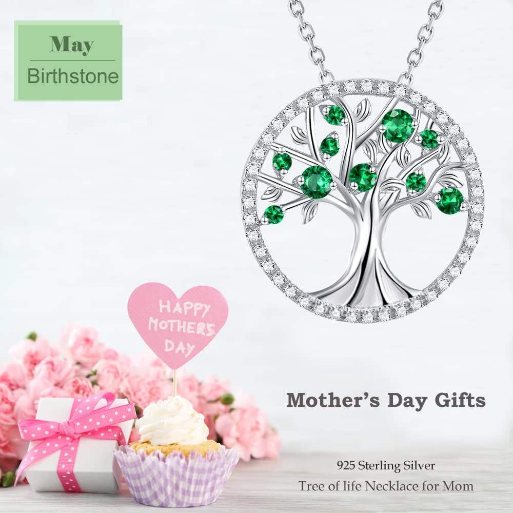 Mothers Day Jewelry Birthday Gifts for Wife Mom May June July Birthstones Necklace Tree of Life Jewelry Emerald Pearl Ruby and More Stones Jewelry for Women 925 Sterling Silver