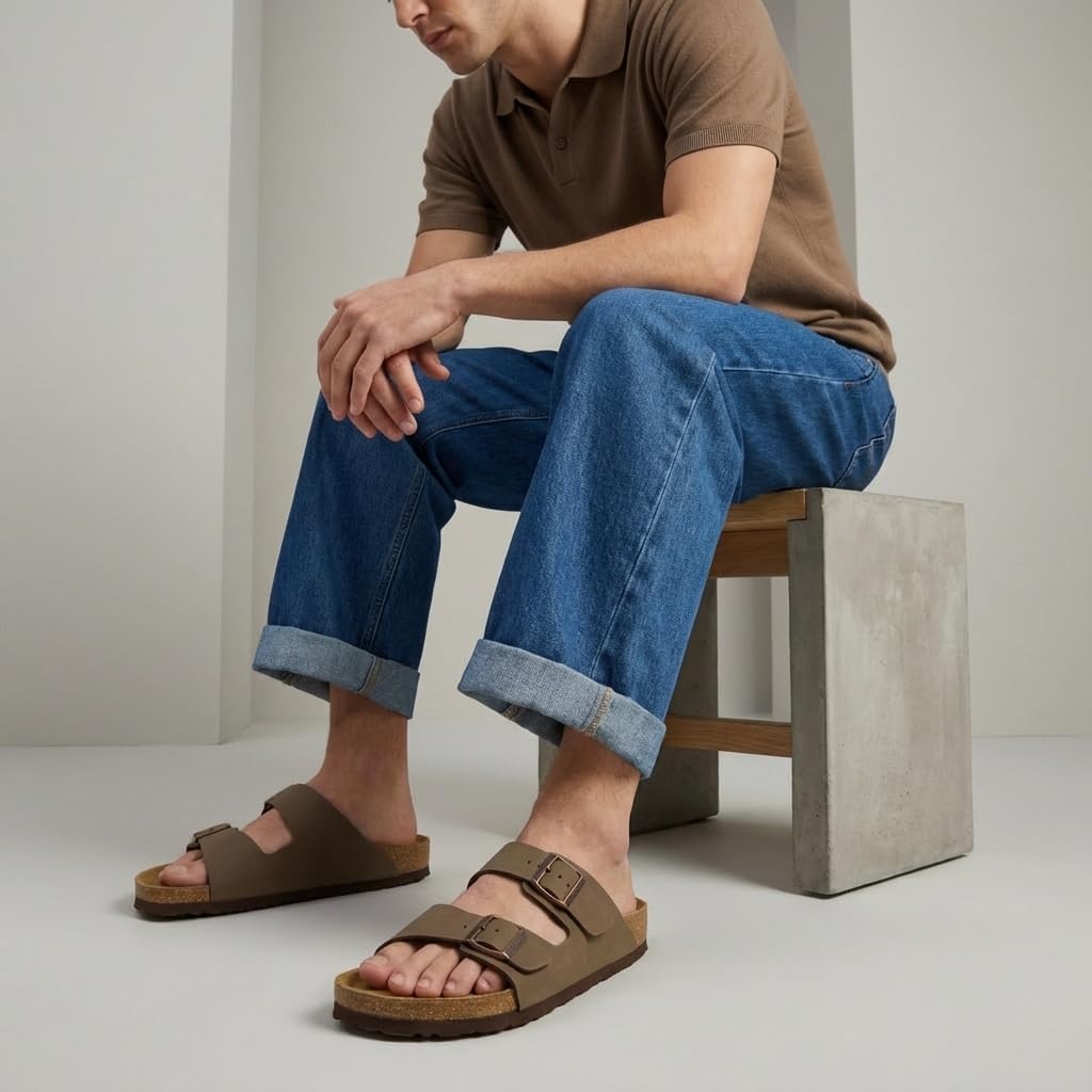 Cushionaire Lane Cork Footbed Mens Sandals, Adjustable Buckle Comfort Slides For Men, Genuine Leather Insole Summer Sandals Men Footwear