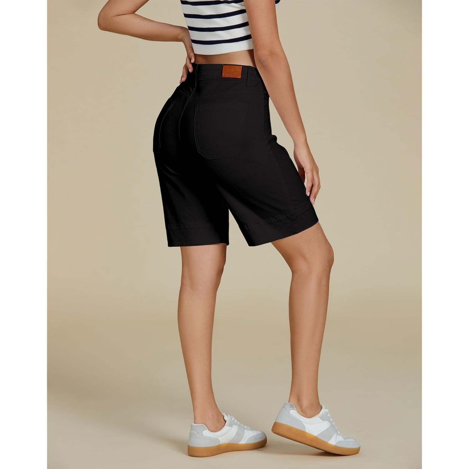 Bermuda Shorts for Women High Waisted Trendy Patch Pocket Casual Vintage Long Stretchy Denim Shorts Summer Jorts