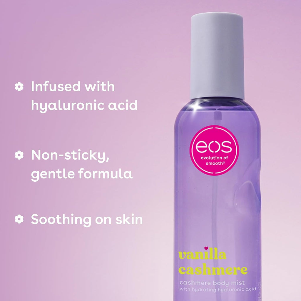 Eos Cashmere Body Mist, Vanilla Cashmere, Soft Musk, Cozy Caramel, Hair Mist, Body Spray For Women, Moisturizing, Hyaluronic Acid, Body Spray, Vegan, Cruelty-Free, 6 Fl Oz