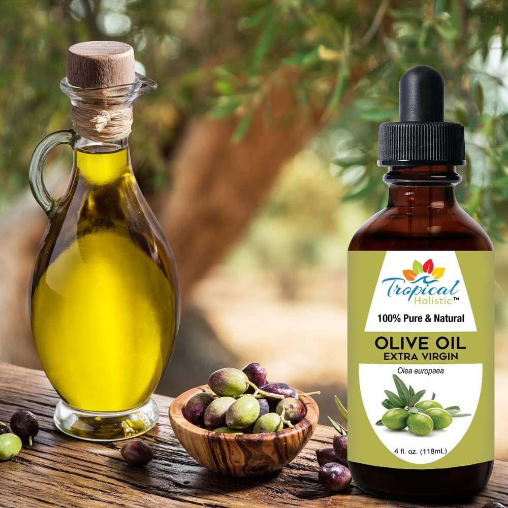 Tropical Holistic Extra Virgin Organic Olive Oil 4 Oz - Cold Pressed Unrefined - Use For Face, Skin, Hair, Dry Scalp, Massage