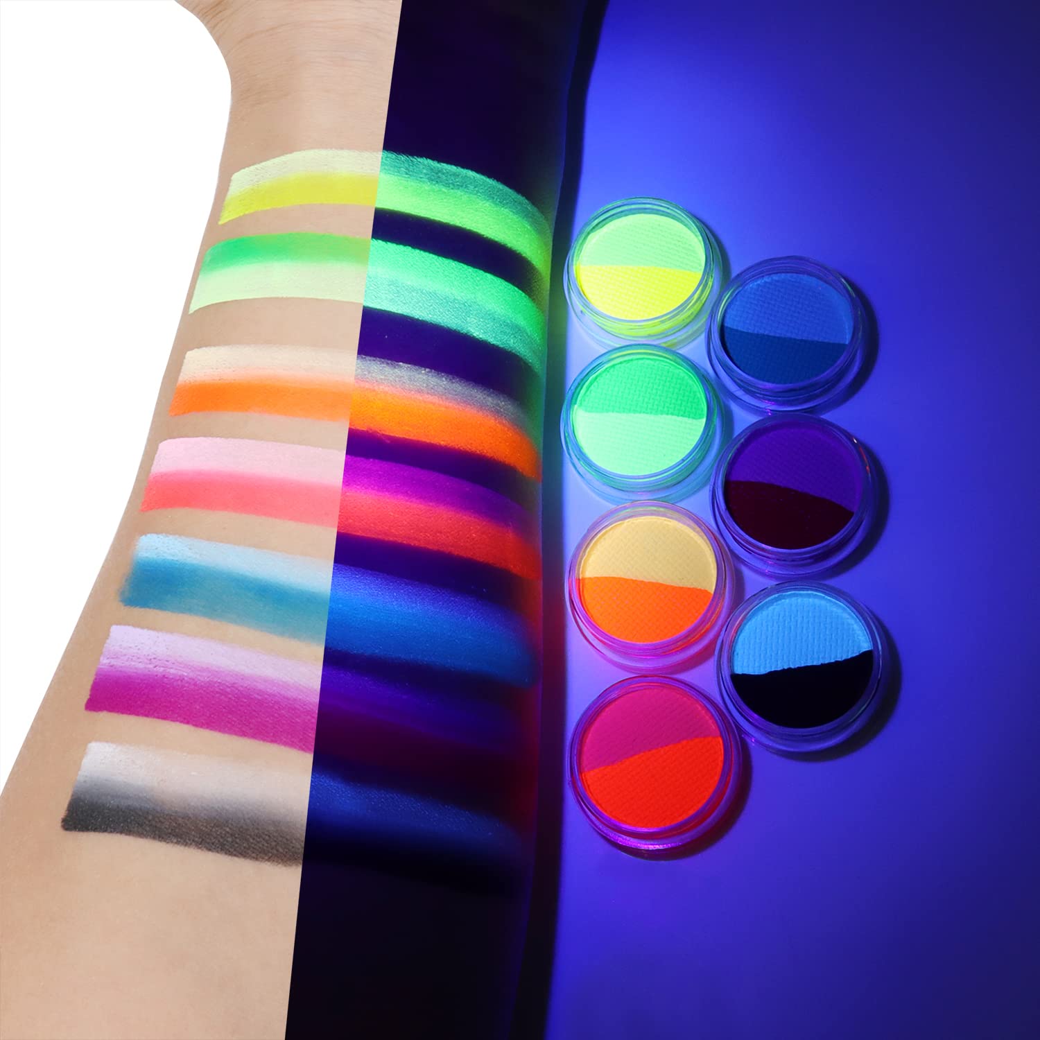 Water Activated UV Eyeliner Palette – 14 Color Neon Graphic Liner Makeup, Fluorescent Glow Blacklight Reactive Face & Body Paint for Rave, Festival, Halloween & Cosplay