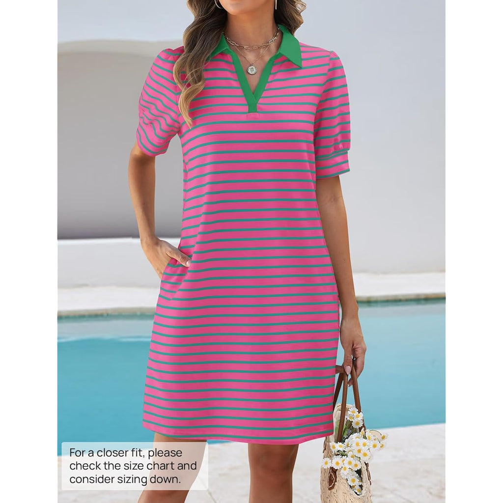 Zesica Womens Summer Striped T Shirt Mini Dresses 2026 Casual Lapel V Neck Short Sleeve Flowy A Line Beach Vacation Dress