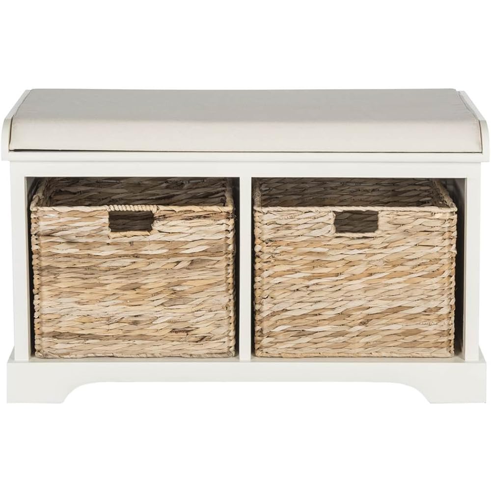 Safavieh Furniture - Freddy 2-Basket Storage Bench - Vintage White - Solid Wood - Coastal Basket Storage Design - Ideal For Entryway, Living Room, Hallway, 18" Seat Height - Fully Assembled (Amh5736D)