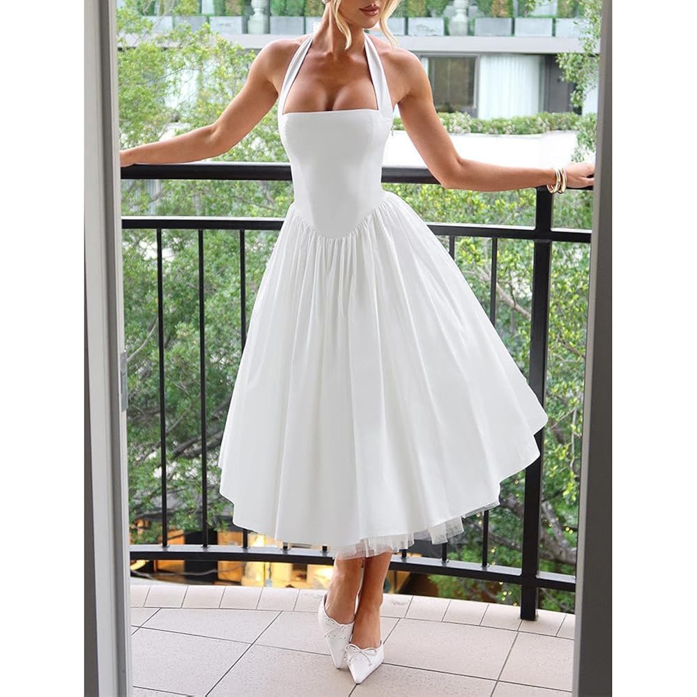 Women Halter Midi Dress Corset Back Layered Tulle Skirt A Line Formal Dresses Wedding Guest Bridal Shower