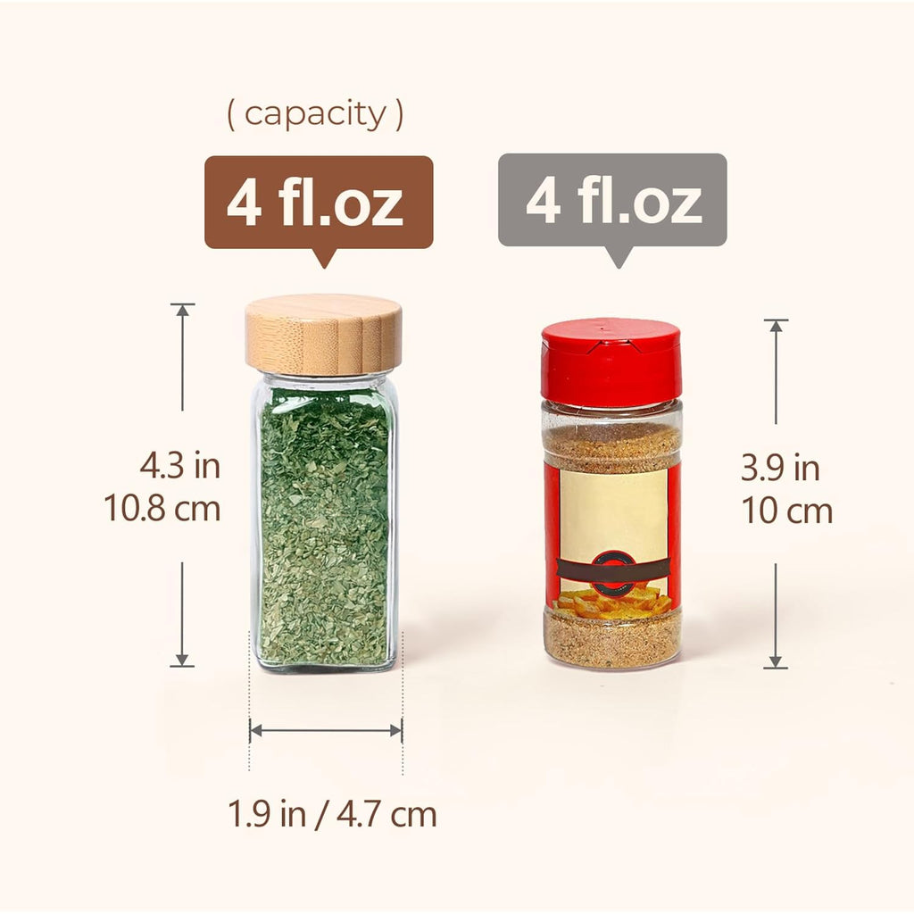 Comsaf Glass Spice Jars With With Labels 4 Oz 6 Pack Small Bamboo Lids | Empty Containers, Seasoning Herb Powder, Salt Pepper Chili, Spice Rack Organization, Kitchen Cabinet Storage, Funnel Included