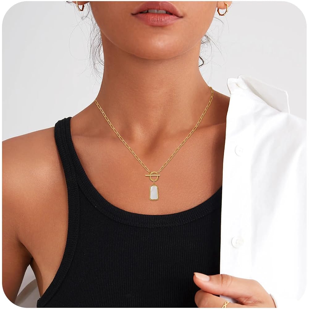 Natural White Sea Shell OT Clasp Long Plate Pendant Necklace For Women Trendy Elegant in Color and Luster Titanium Steel Electroplated with 18K Gold Necklace