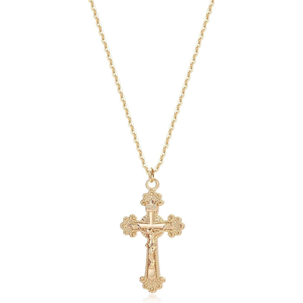 Fettero Cross Necklace Faith Pendant 14K Plated Dainty Chain Minimalist Simple Tiny God Lords Prayer Religious Jewelry