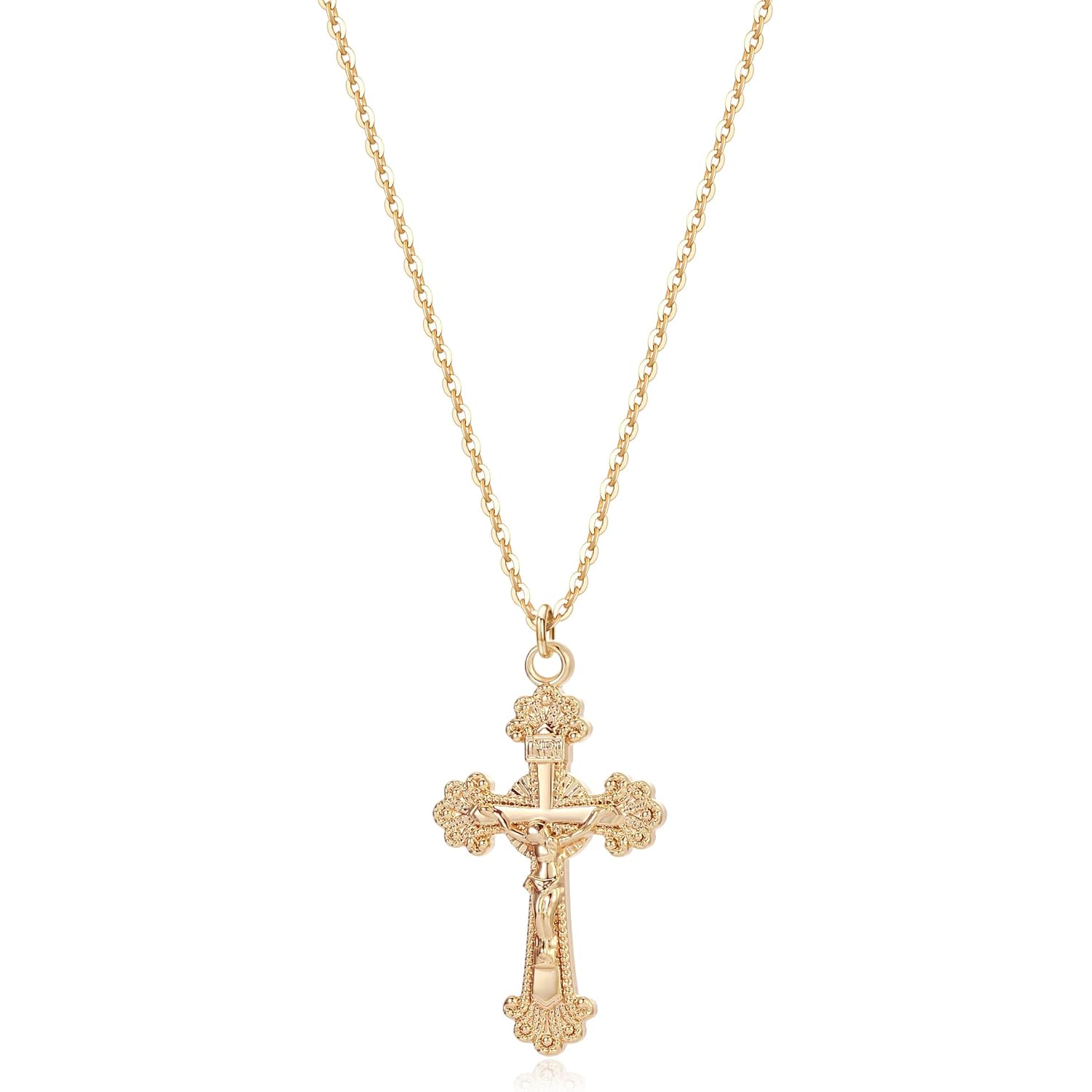 Fettero Cross Necklace Faith Pendant 14K Plated Dainty Chain Minimalist Simple Tiny God Lords Prayer Religious Jewelry