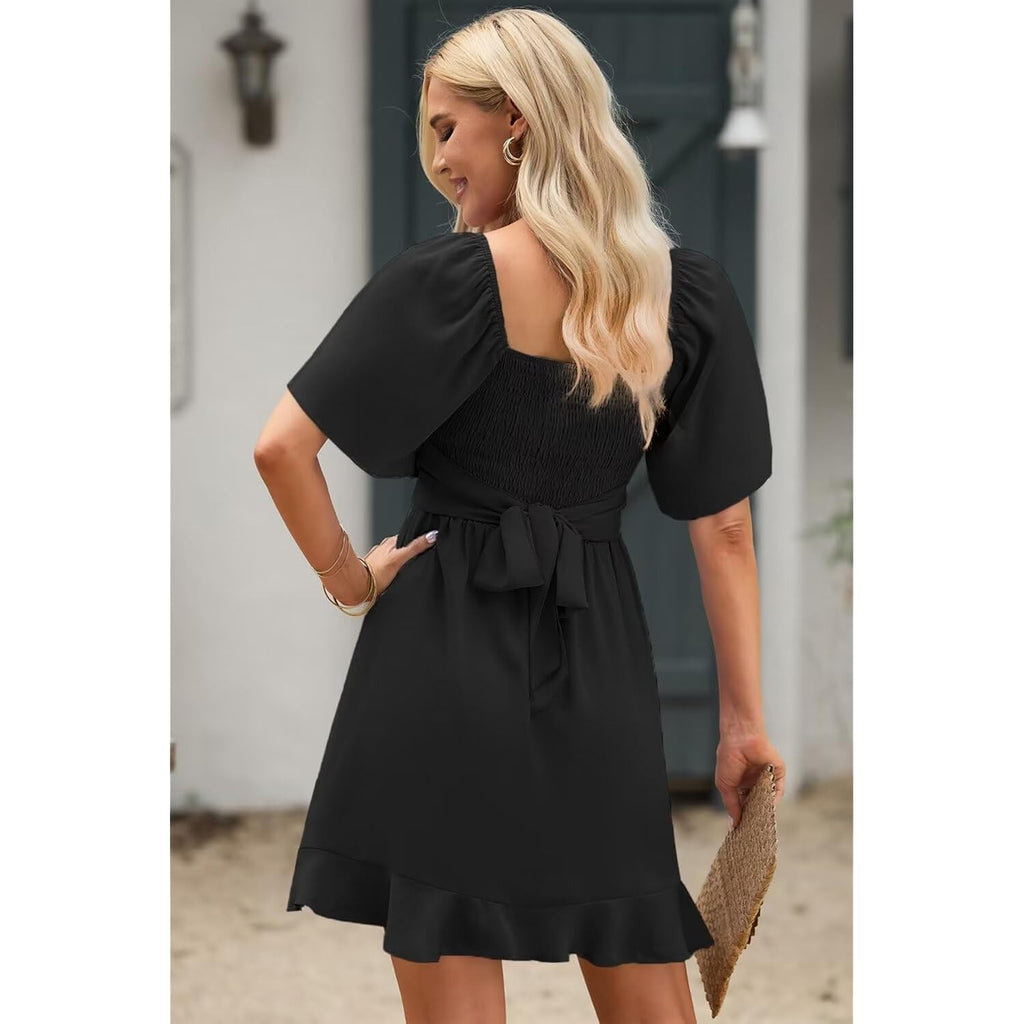 Dokotoo Women'S Wrap V Neck Short Flared Sleeve Wedding Guest Dress Smocked Elastic Waist Tiered Belted Ruffle Hem Mini Dress