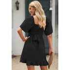 Dokotoo Women'S Wrap V Neck Short Flared Sleeve Wedding Guest Dress Smocked Elastic Waist Tiered Belted Ruffle Hem Mini Dress
