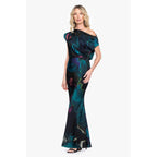 Betsy & Adam Women'S Long Satin Abstract Floral Print, Asymmetrical Neckline Evening Dress With Short Sleeve