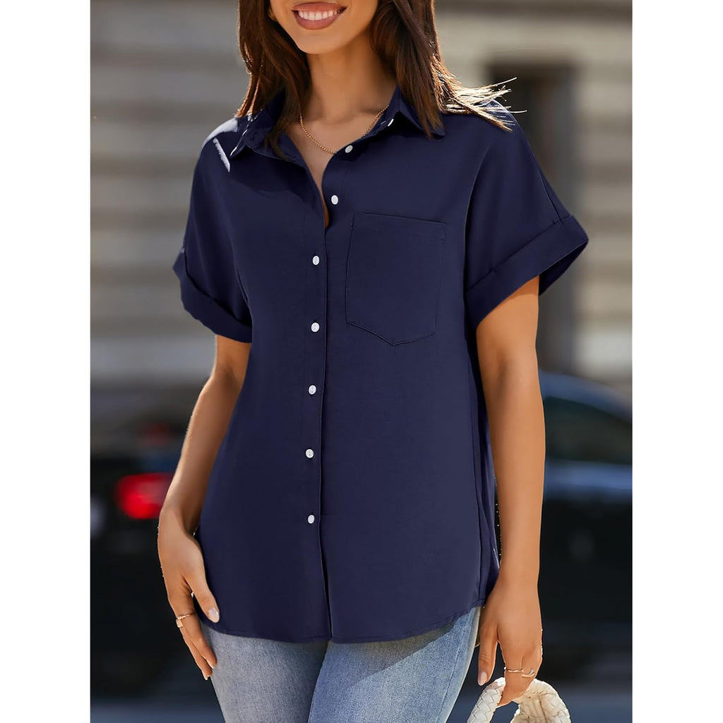 Womens Short Sleeve Shirts V Neck Collared Button Down Shirt Tops with Pockets