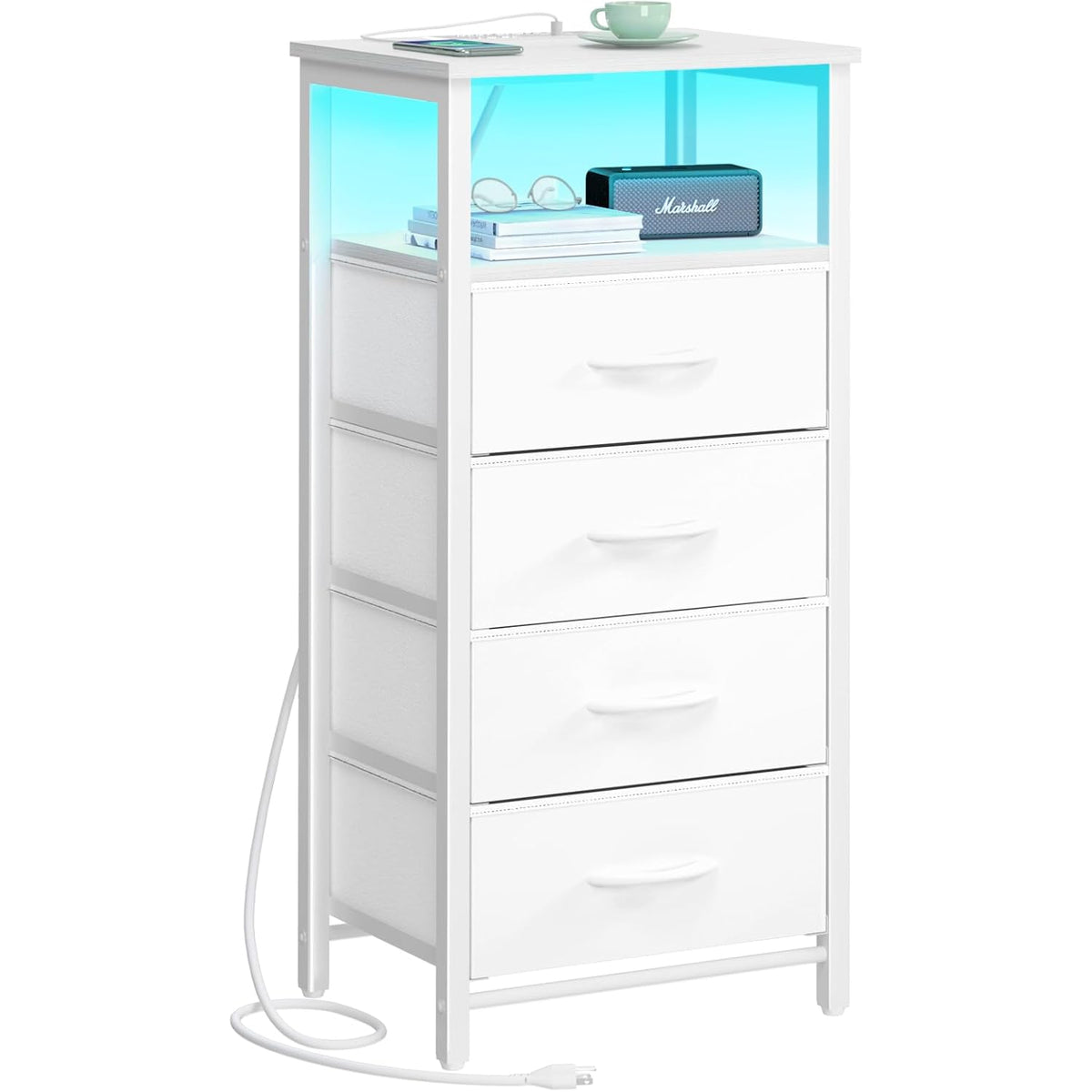Yoobure Night Stand - Led White Nightstand With Charging Station, Bedside Table With 4 Storage Drawers And Storage Shelf, End Table With Usb Ports And Outlets, Tall Nightstand For Bedroom