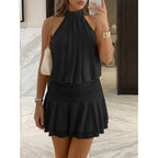 Wenrine Womens Mesh Halter Mini Dresses Summer Sleeveless Tie Open Back Ruched Waist Tiered Ruffle Going Out Club Dress