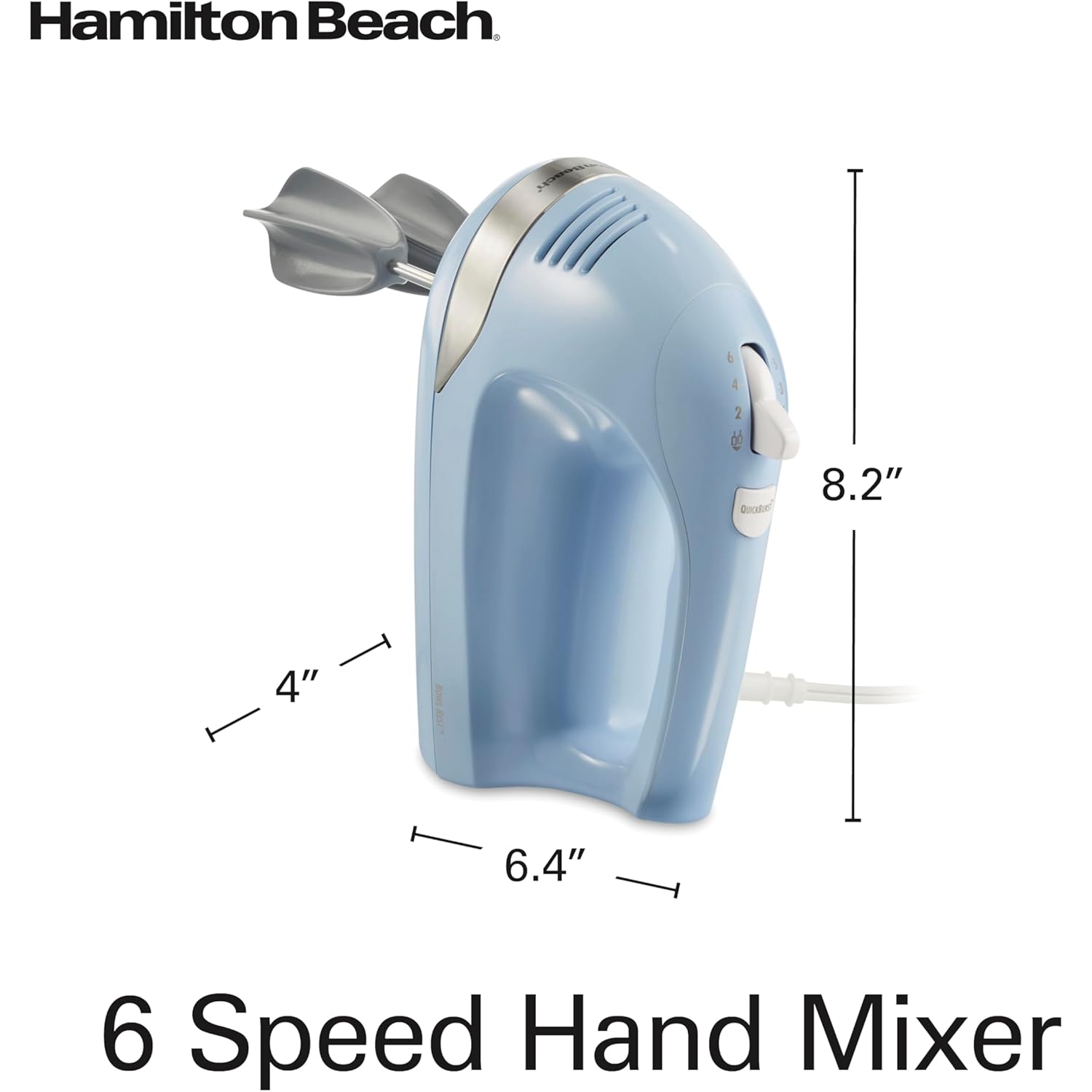 Hamilton Beach 6-Speed Electric Hand Mixer with Whisk, Dough Hooks and Easy Clean Beaters, Powerful 275 Watt Motor, Snap-On Storage Case, Blue