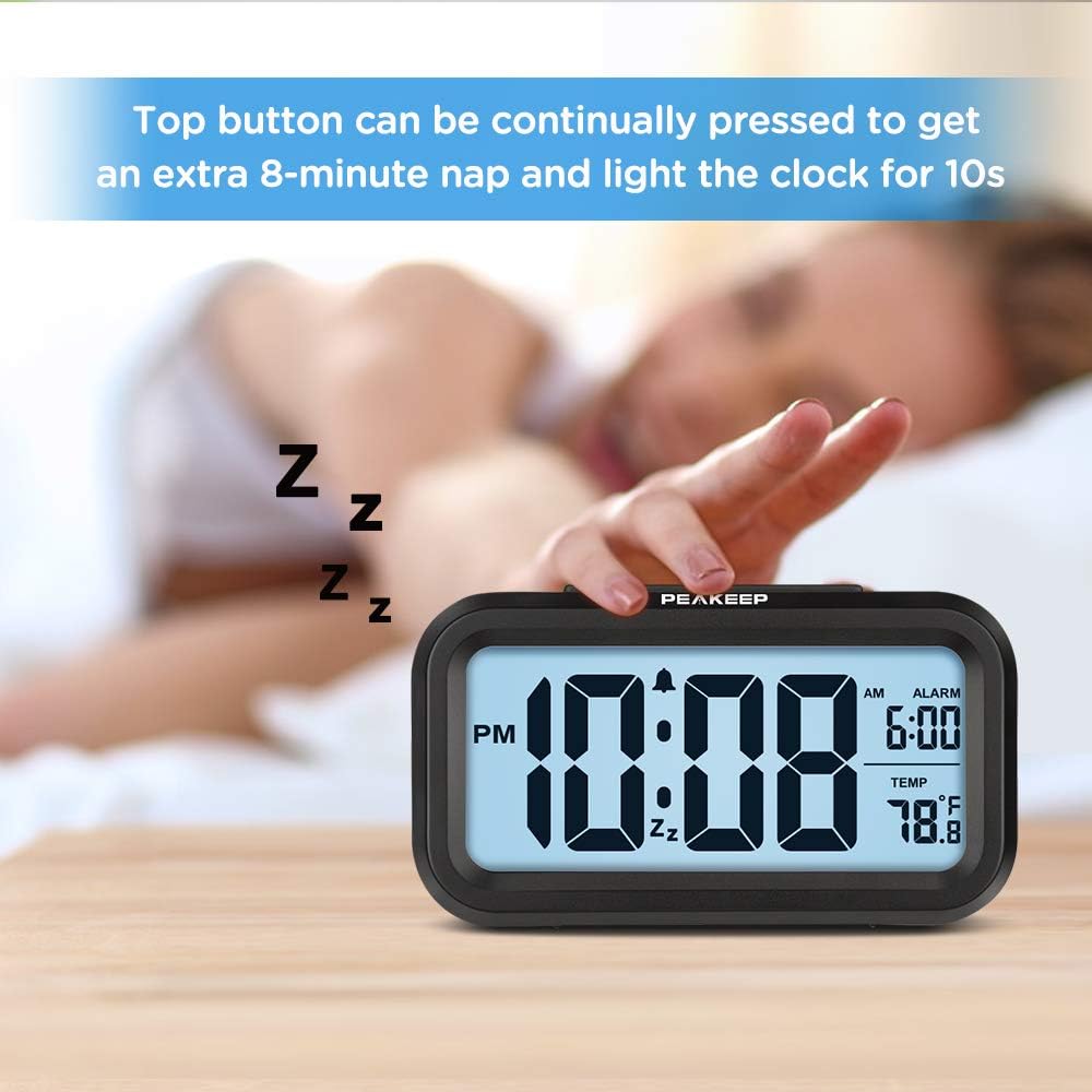 Peakeep Night Light Digital Alarm Clock Battery Operated Indoor Temperature | Small Cordless Cute Clock For Bedroom Desk Travel, Simple To Use For Teens Kids (Black)