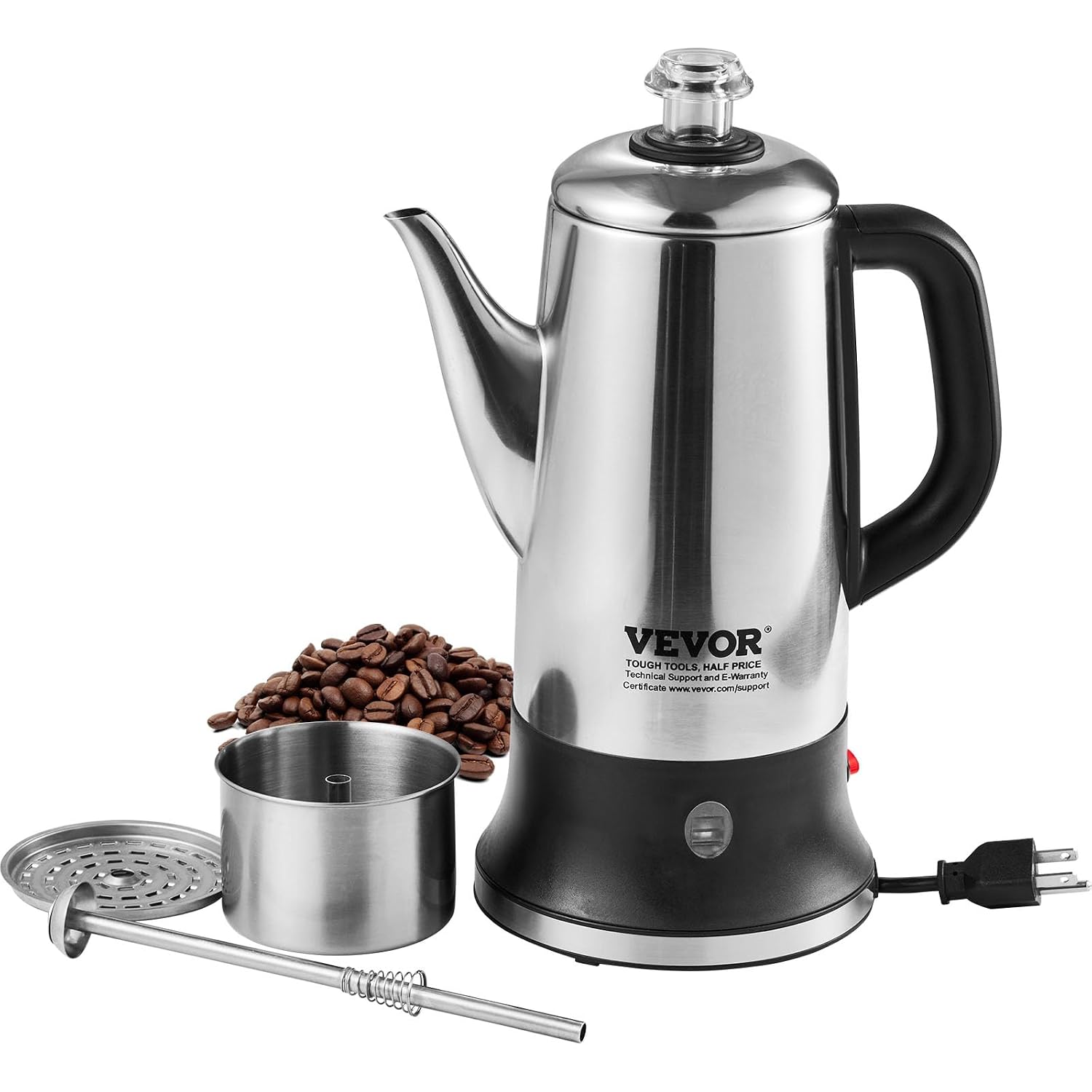 Vevor 12-Cup Electric Percolator Coffee Pot, 304 Stainless Steel Body Coffee Percolator With Keep Warm Function & Heat-Resistant Handle, Classic Coffee Maker, Quick Brew & Easy-Pour Spout, Silver