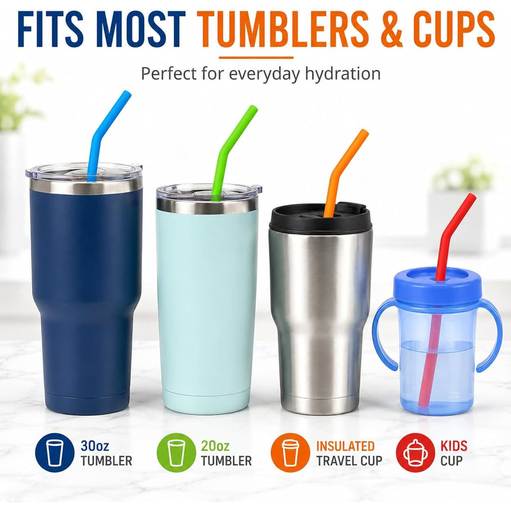 Reusable Silicone Straws For Tumblers, Smoothies & Kids Drinks – 15 Pack Flexible Bpa-Free Drinking Straws With 2 Cleaning Brushes – Soft On Teeth & Lips – Fits 20Oz & 30Oz Tumblers