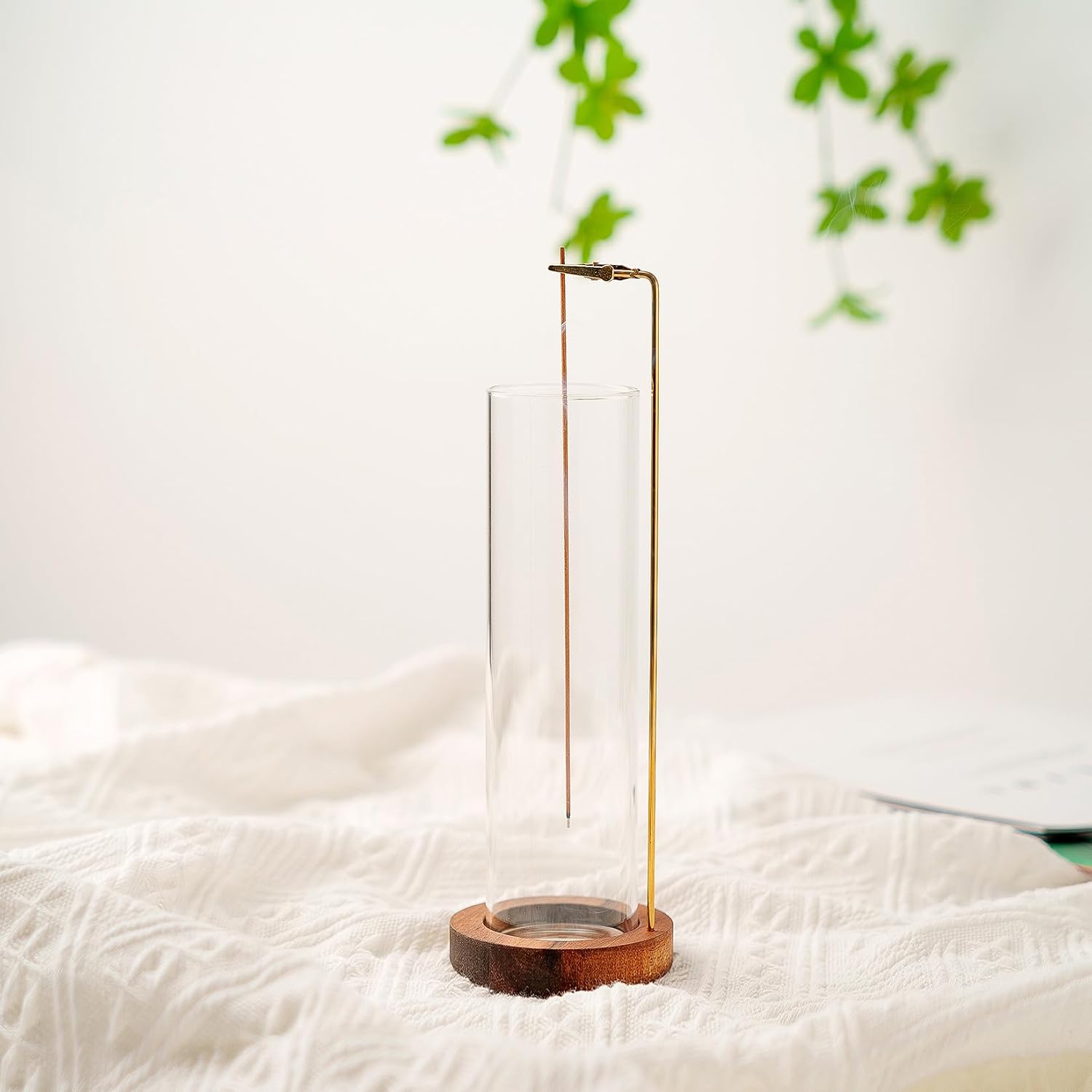 Incense Holder For Sticks, Anti-Ash Flying Incense Burner With 30 Incense Sticks, Detachable Glass Ash Catcher (Wood, Brown)