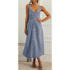 Ebossy Stretchy Smocked Denim Dress For Women Sleeveless Babydoll Button Down Midi Long Jean Dresses