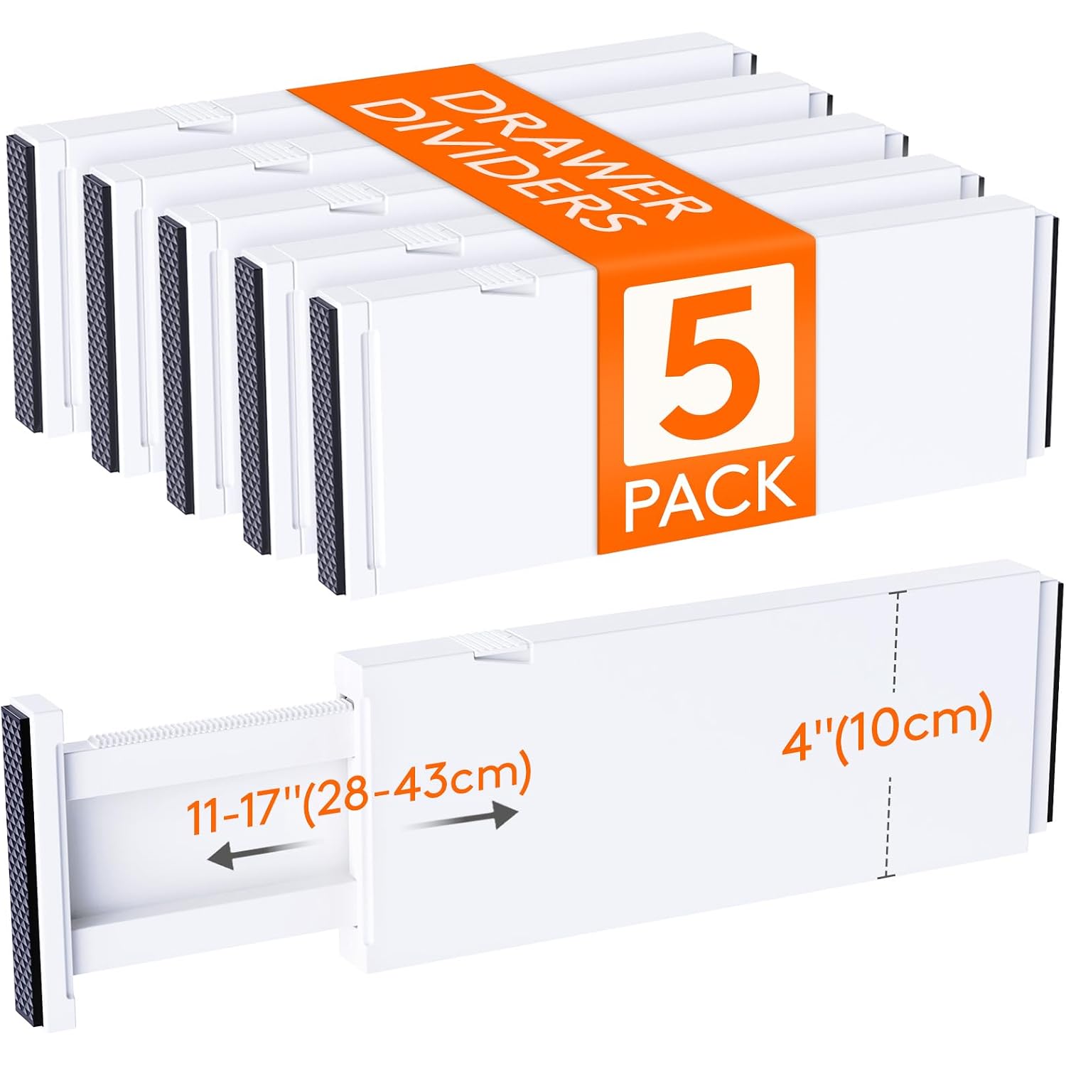 Lifewit 5 Pack Upgrade Drawer Dividers For Clothes, 4" High 11"-17" Adjustable Dresser Drawer Organizers, Expandable White Plastic Drawer Separators For Kitchen, Nursery, Office Organization & Storage