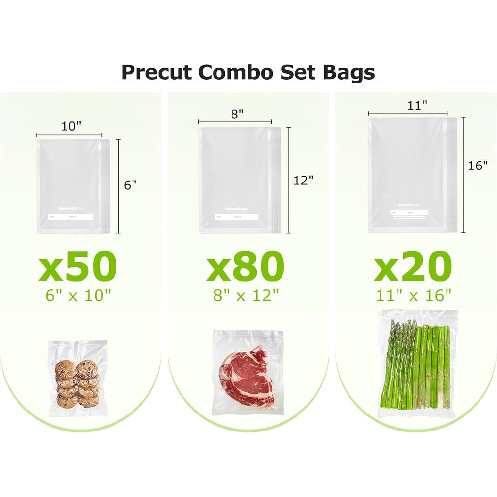 Bonsenkitchen Vacuum Sealer Bags, 20 Gallon 11" x 16"+ 80 Quart 8" x 12"+ 50 Pint 6" x 10", Commercial Grade, BPA Free, Food Sealer Bags for Vac Storage, Meal Prep or Sous Vide Cooking, VB15