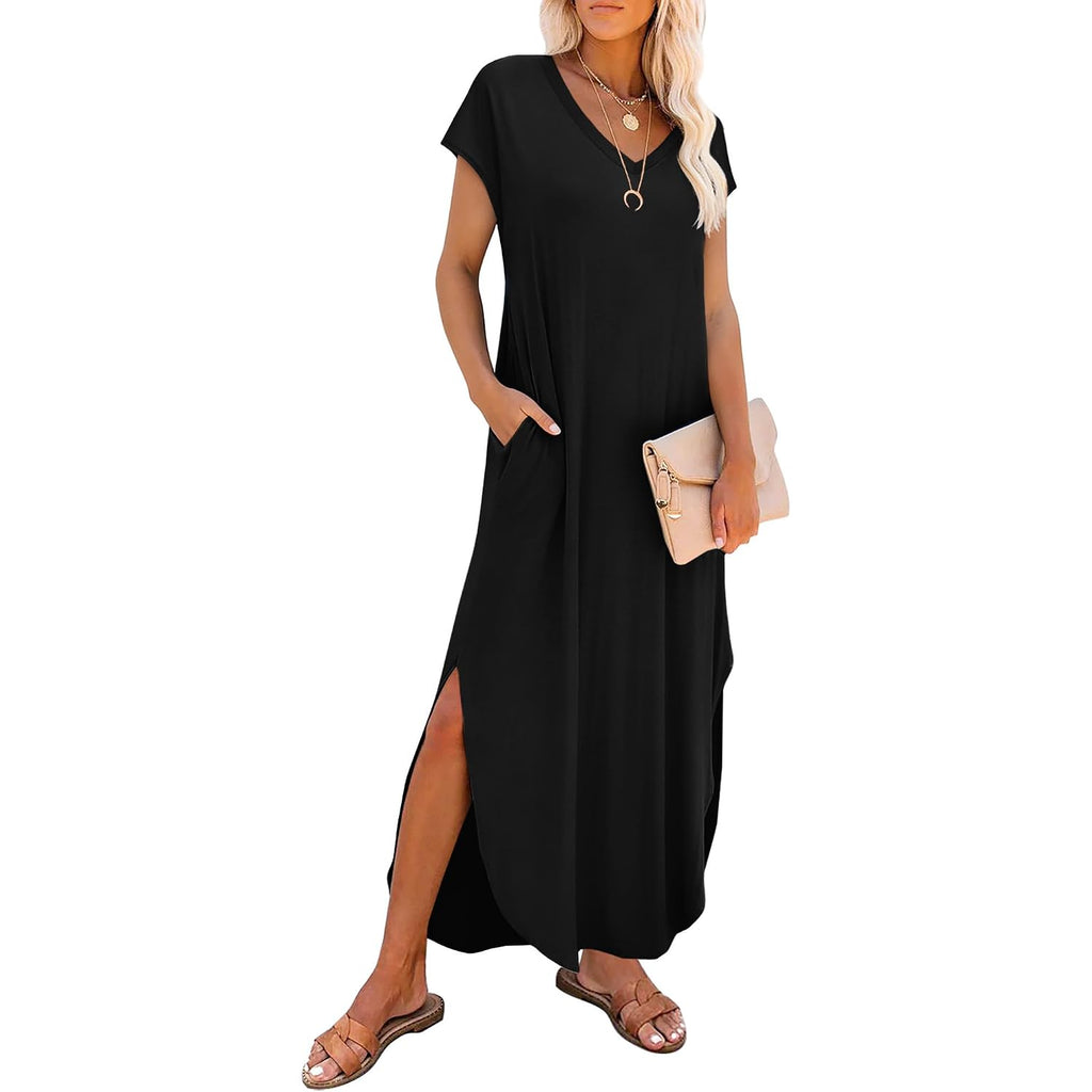 Rumia Summer Maxi Dresses For Women Cap Sleeve Long Sundress With Pockets