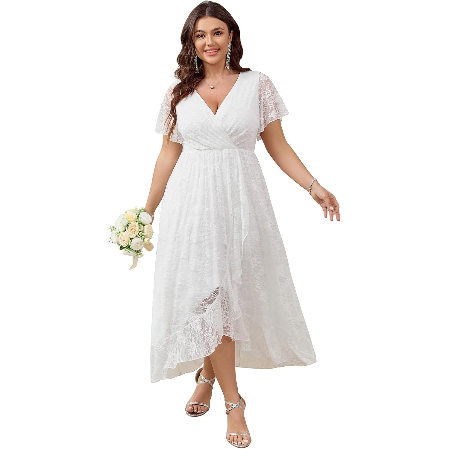 Scomchic Womens Plus Size Wedding Guest Dress Formal Lace Wrap V Neck High Low Short Sleeve Cocktail Maxi Dresses Xl-4Xl
