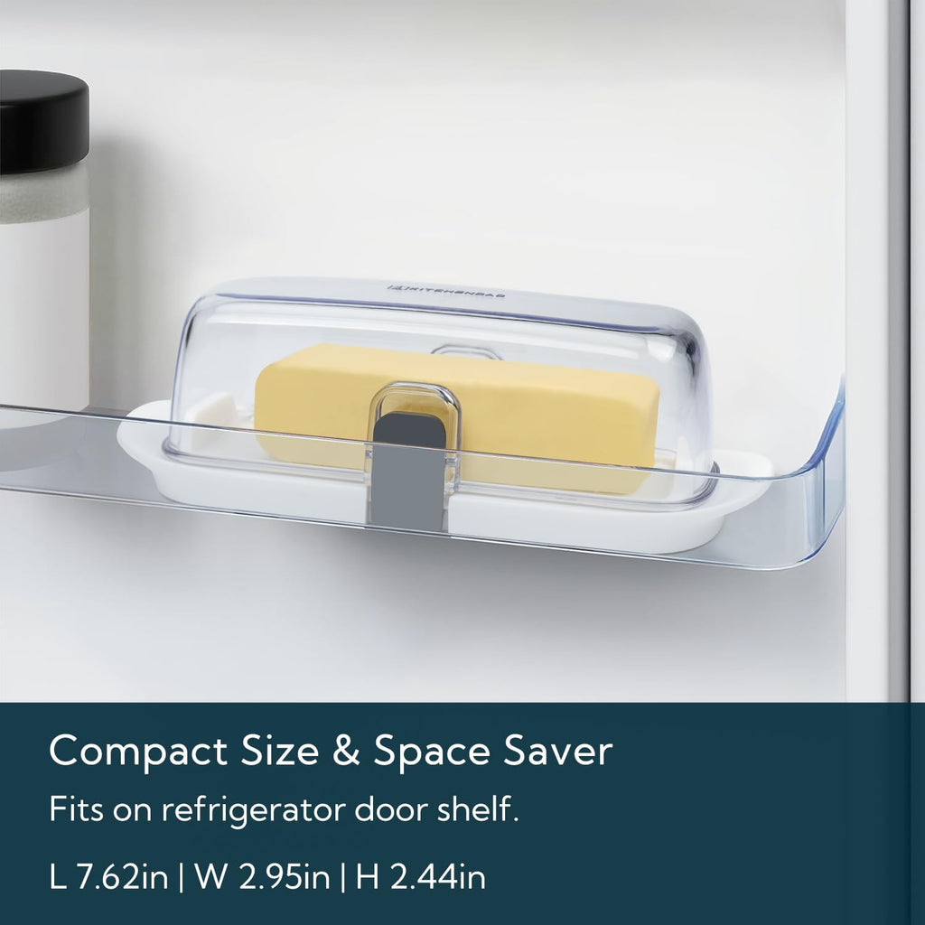 KITCHENDAO One-handed Airtight Butter Dish with Lid for Countertop and Refrigerator Door Shelf, Butter Holder with One Press to Open/Close Secure Latching Buckle for West/East Coast Butter (White)