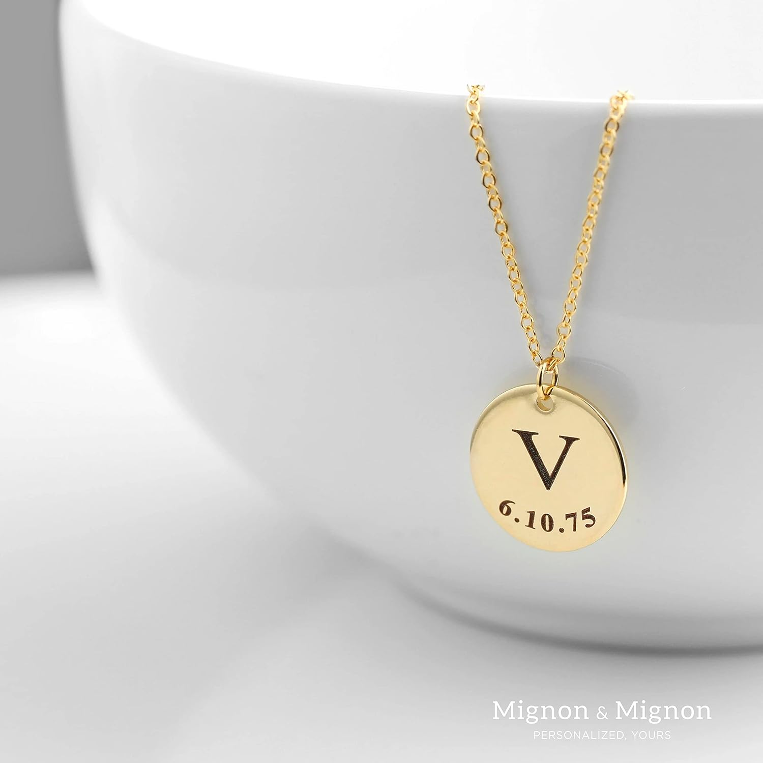 MignonandMignon Personalized Initial Necklace with Date Engraved | Gold Coin Disc Pendant for Women | Dainty Letter Necklace Gift for Mom Teen Girls Mothers Day Birthday