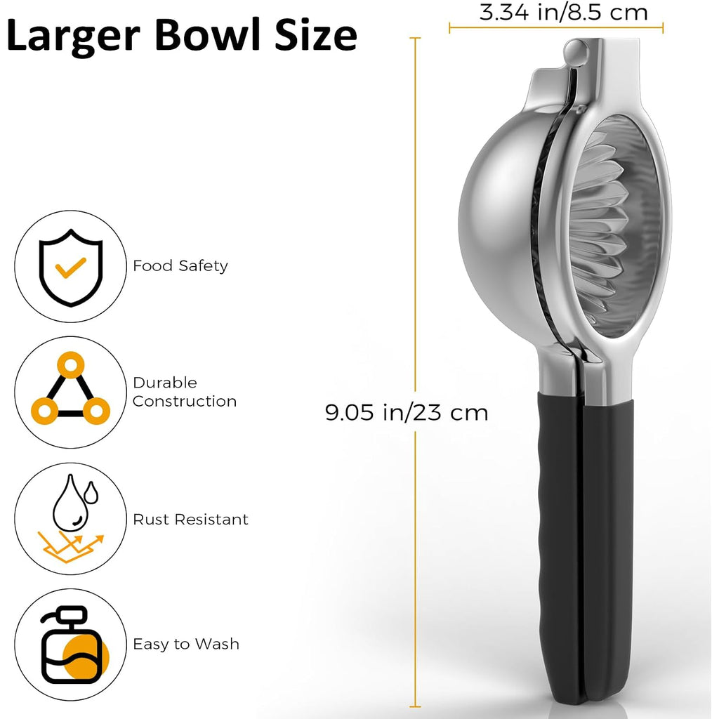 Stainless Steel Lemon Squeezer - Metal Citrus Juicer - Lime Lemon And Fruit Juicer With Silicone Handles - Large Manual Citrus Press Juicer - Hand Held Squeezer - Ergonomic Design With Solid